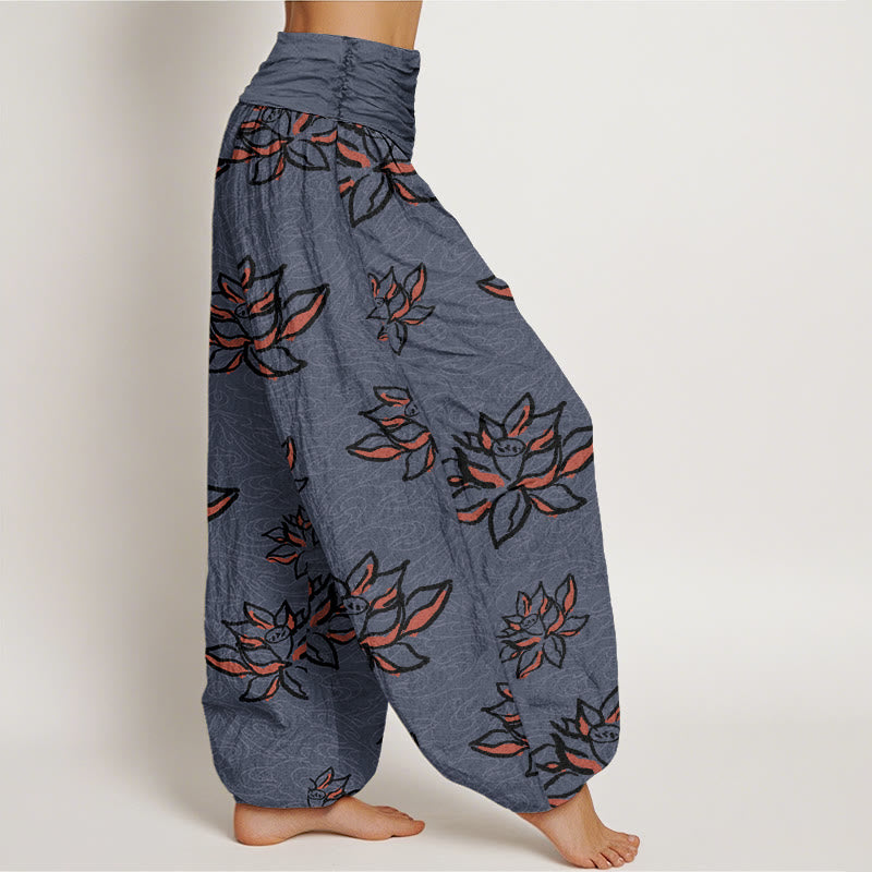 Pantalones harén informales con estampado de líneas de loto y Buddha Stones para mujer, con cintura elástica - image 9