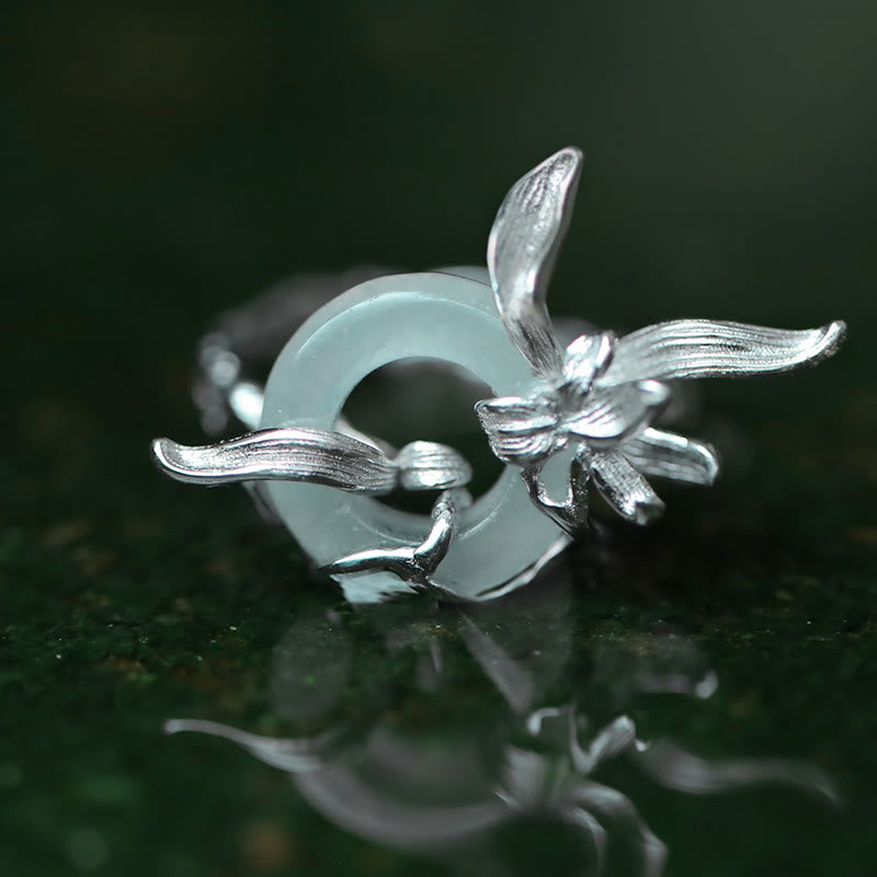 Anillo de equilibrio de jade y cuarcita con diseño de iris y hebilla de paz de Buddha Stones en plata de ley 925 - Jade cuarcita (tamaño del anillo: 52-58 mm) - image 1