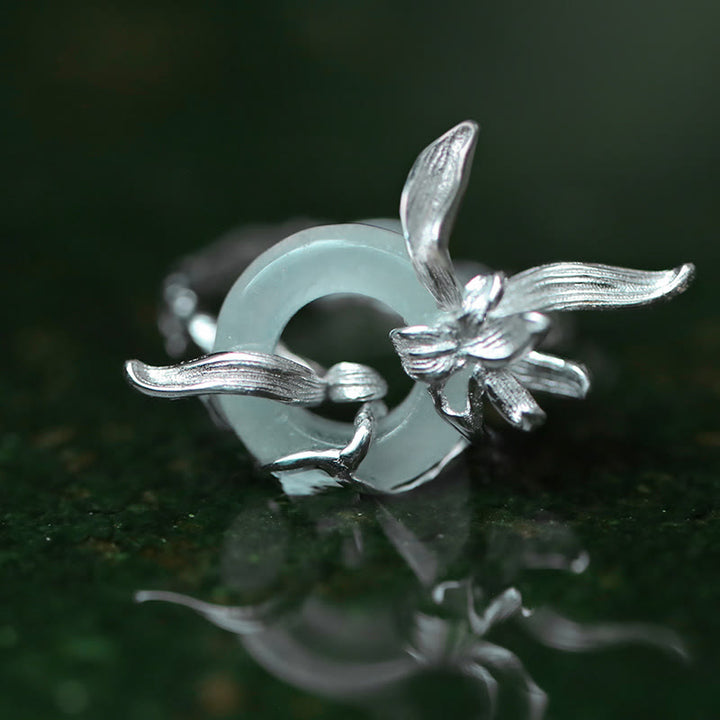 Anillo de equilibrio de jade y cuarcita con diseño de iris y hebilla de paz de Buddha Stones en plata de ley 925 - Jade cuarcita (tamaño del anillo: 52-58 mm) - image 1