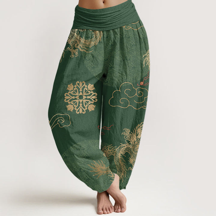 Buddha Stones harén informales con diseño de dragón dorado y nubes auspiciosas para mujer, cintura elástica - Verde bosque - US22，UK/AU26，EU54 (6XL) - image 0