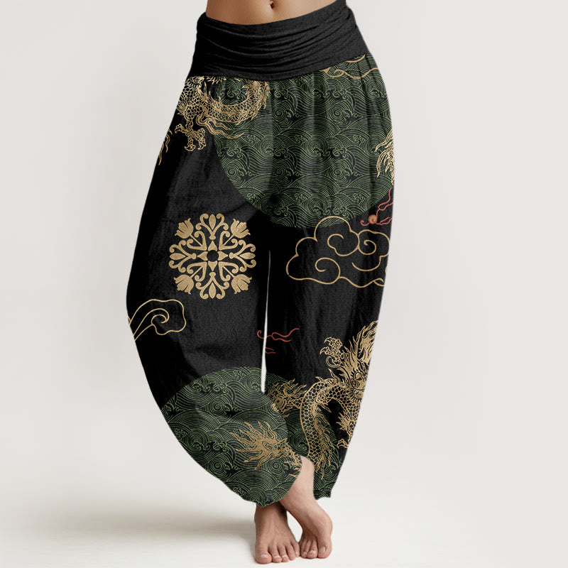 Buddha Stones harén informales con diseño de dragón dorado y nubes auspiciosas para mujer, cintura elástica - Negro - US22，UK/AU26，EU54 (6XL) - image 5