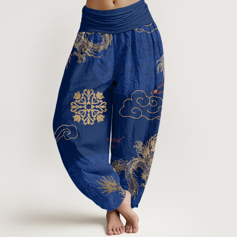 Buddha Stones harén informales con diseño de dragón dorado y nubes auspiciosas para mujer, cintura elástica - Azul medio - US22，UK/AU26，EU54 (6XL) - image 8