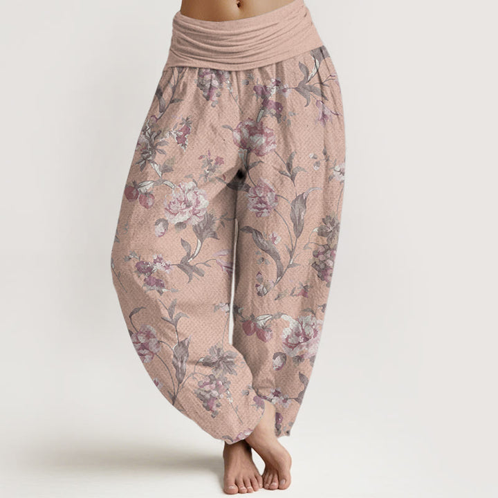 Pantalones Buddha Stones de algodón puro con estampado de flores rosas para mujer, informales, con cintura elástica
