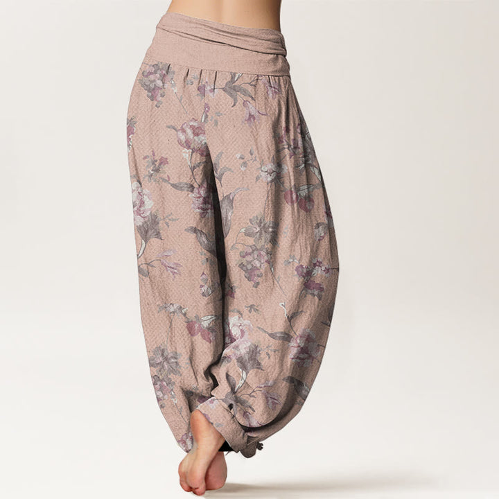 Pantalones Buddha Stones de algodón puro con estampado de flores rosas para mujer, informales, con cintura elástica