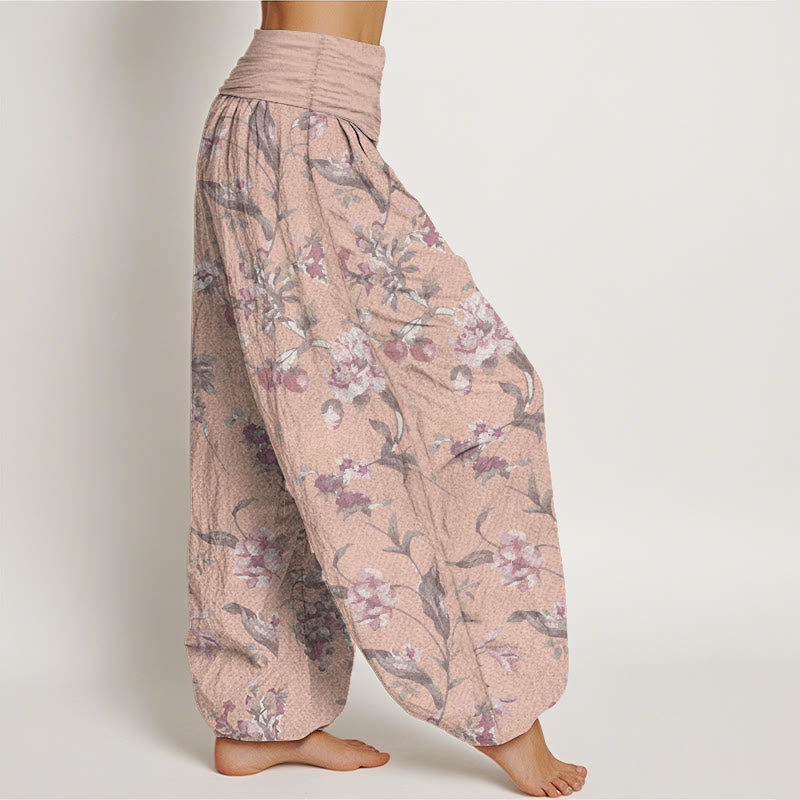 Pantalones Buddha Stones de algodón puro con estampado de flores rosas para mujer, informales, con cintura elástica