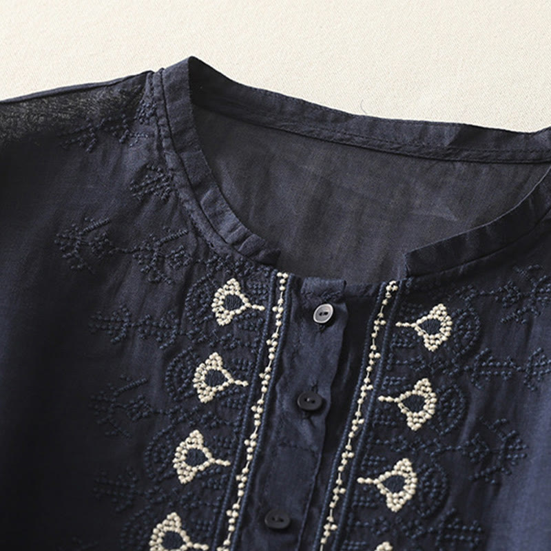 Camisa de lino y algodón con bordado simétrico de Buddha Stones para mujer, de media manga - image 3