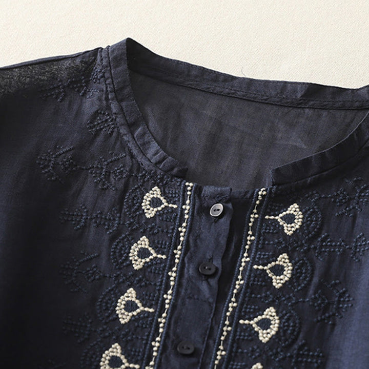 Camisa de lino y algodón con bordado simétrico de Buddha Stones para mujer, de media manga - image 3