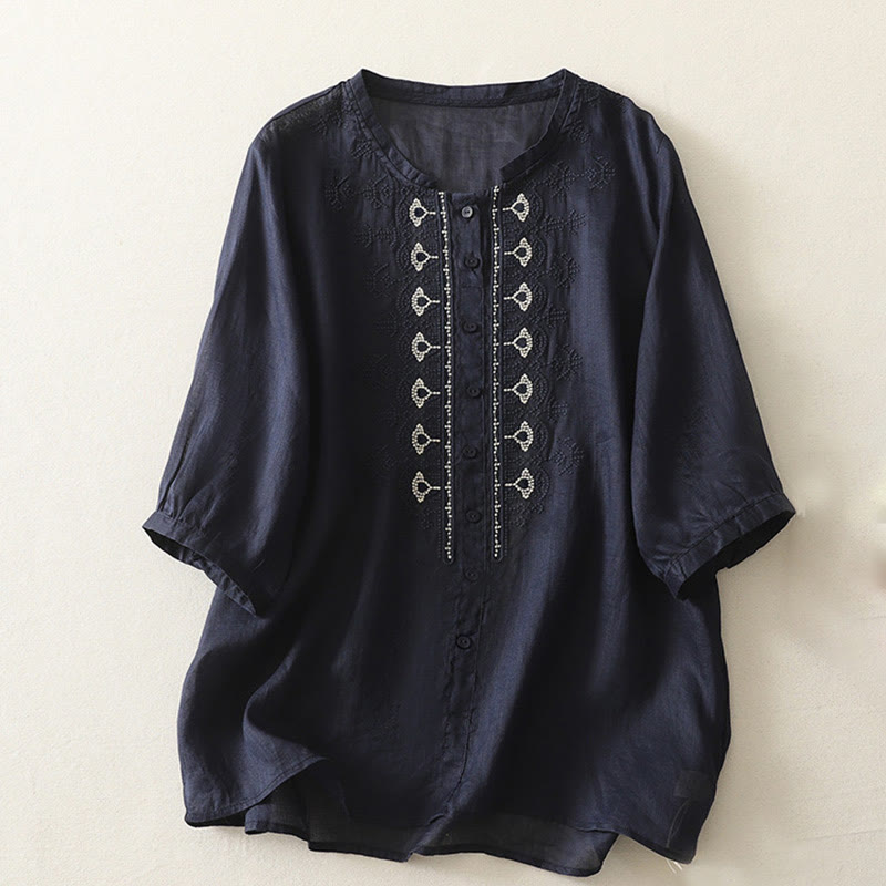 Camisa de lino y algodón con bordado simétrico de Buddha Stones para mujer, de media manga - Azul medianoche - US8-10，UK/AU12-14，EU40-42 (2XL) - image 1