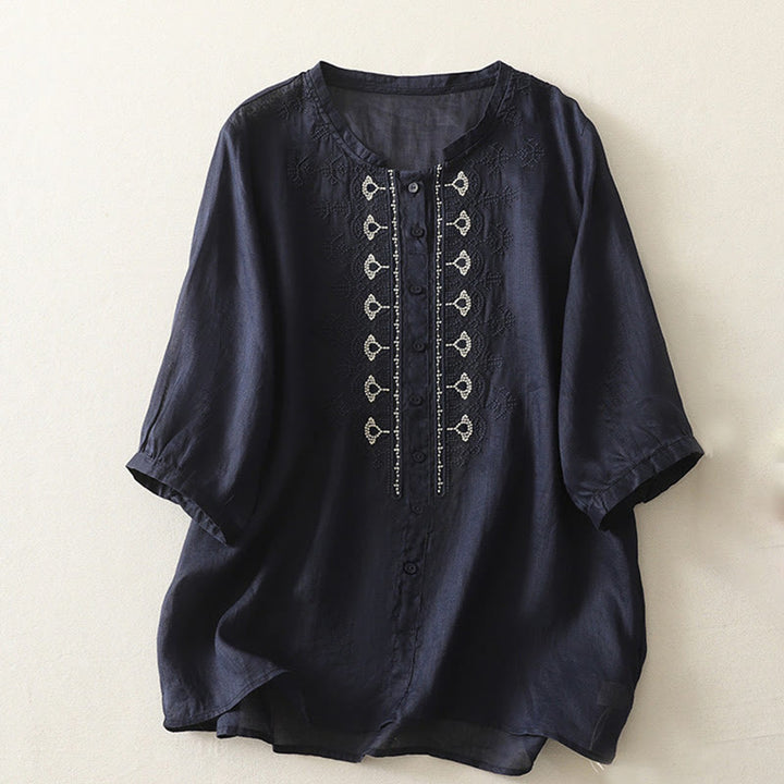 Camisa de lino y algodón con bordado simétrico de Buddha Stones para mujer, de media manga - Azul medianoche - US8-10，UK/AU12-14，EU40-42 (2XL) - image 1