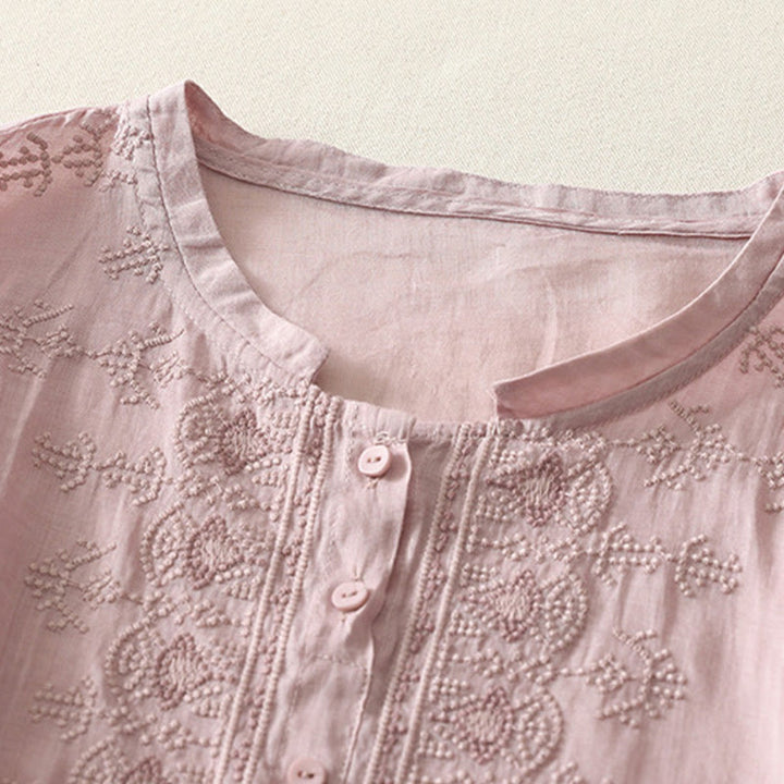 Camisa de lino y algodón con bordado simétrico de Buddha Stones para mujer, de media manga - image 12