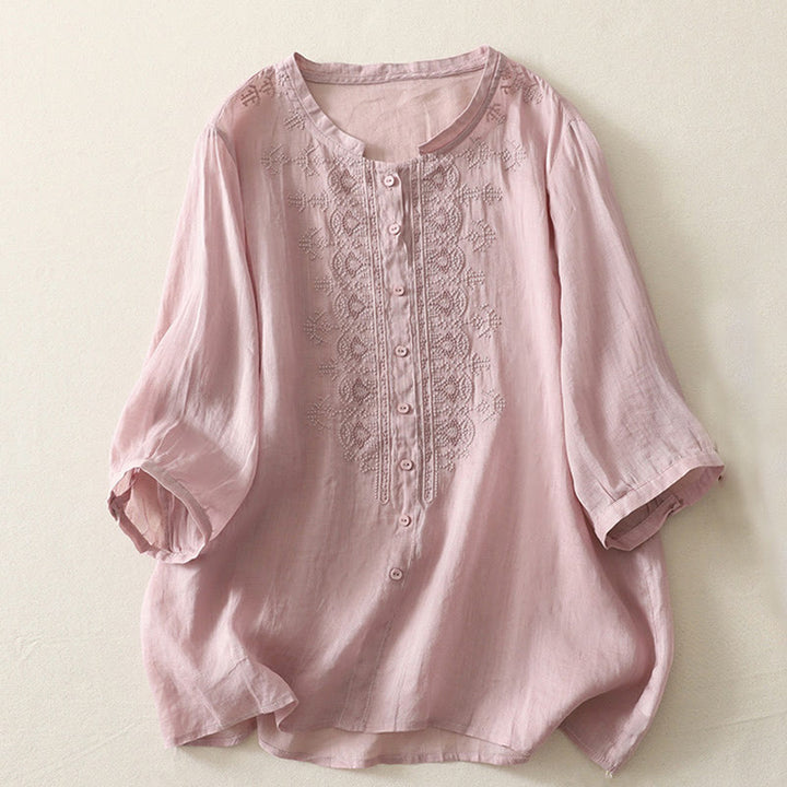 Camisa de lino y algodón con bordado simétrico de Buddha Stones para mujer, de media manga - Rosa - US8-10，UK/AU12-14，EU40-42 (2XL) - image 7