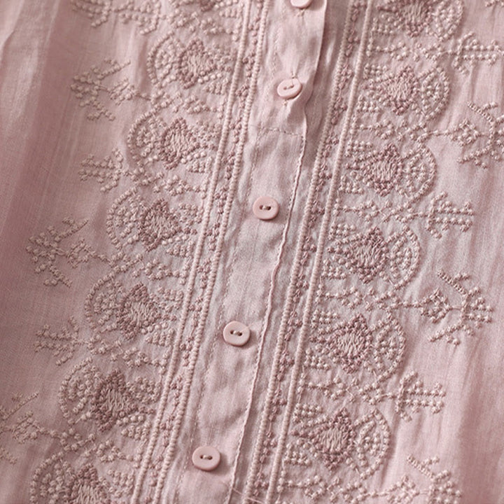 Camisa de lino y algodón con bordado simétrico de Buddha Stones para mujer, de media manga - image 11