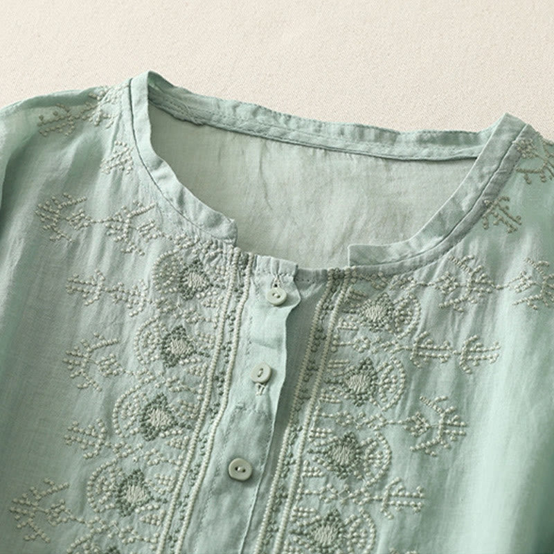Camisa de lino y algodón con bordado simétrico de Buddha Stones para mujer, de media manga - image 15