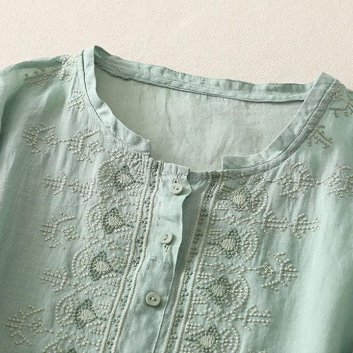Camisa de lino y algodón con bordado simétrico de Buddha Stones para mujer, de media manga - image 15