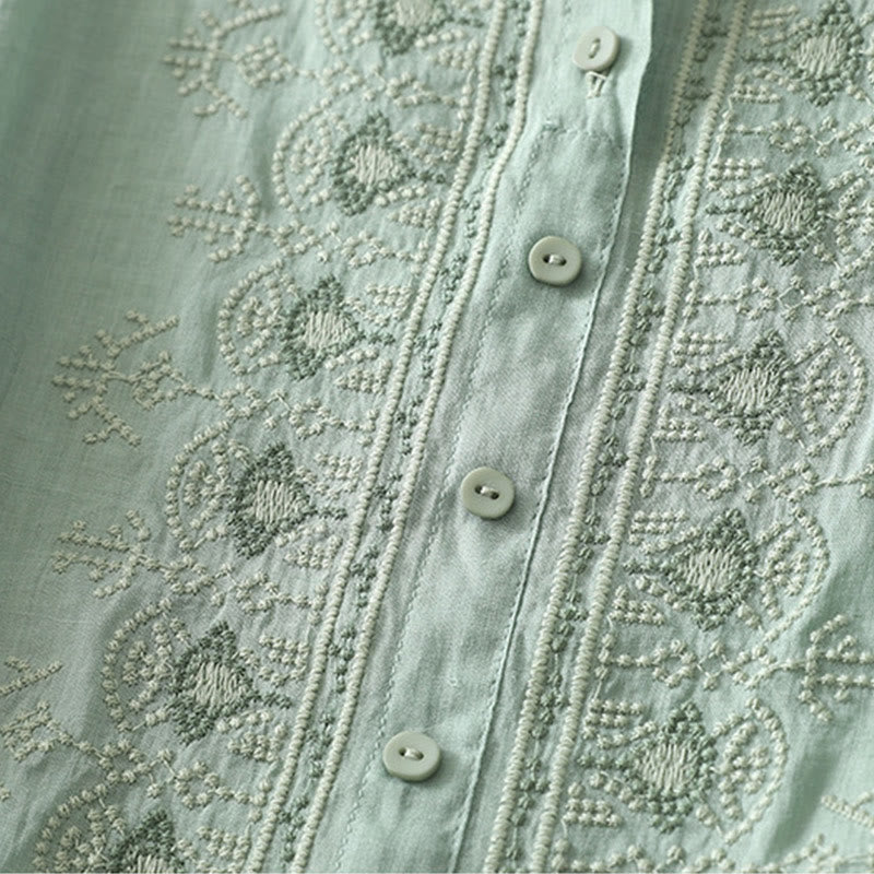 Camisa de lino y algodón con bordado simétrico de Buddha Stones para mujer, de media manga - image 17