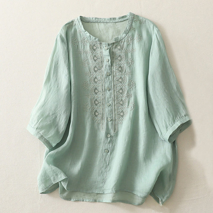 Camisa de lino y algodón con bordado simétrico de Buddha Stones para mujer, de media manga - Aguamarina mediana - US8-10，UK/AU12-14，EU40-42 (2XL) - image 13