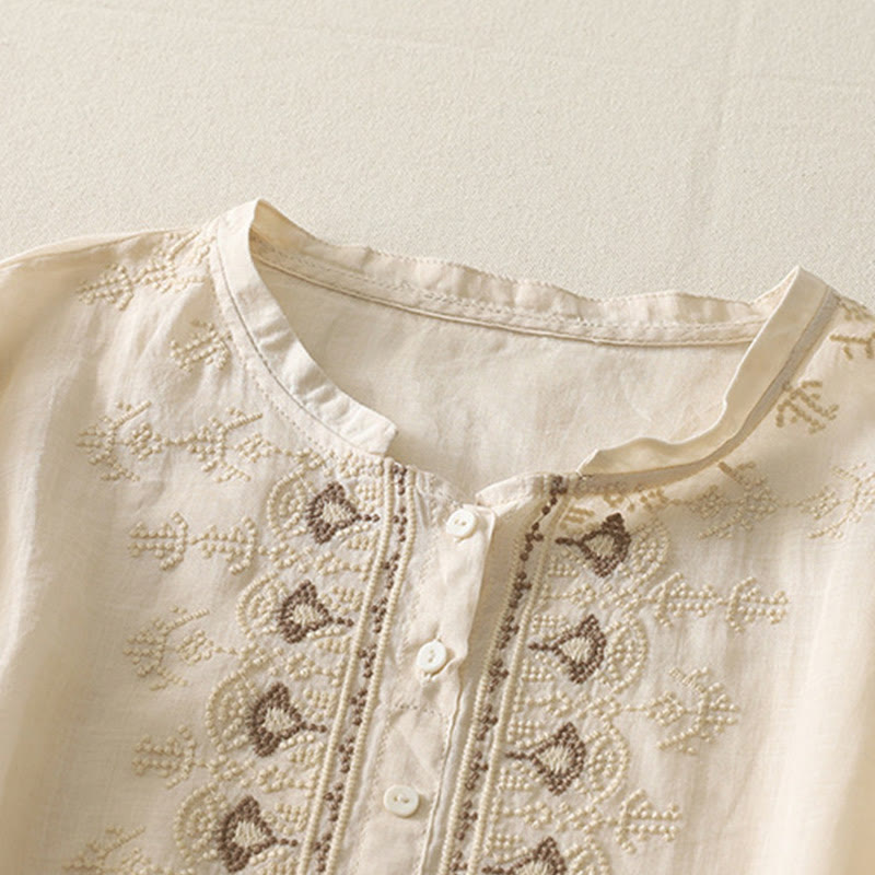 Camisa de lino y algodón con bordado simétrico de Buddha Stones para mujer, de media manga - image 20