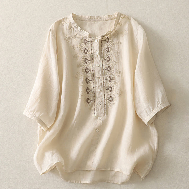 Camisa de lino y algodón con bordado simétrico de Buddha Stones para mujer, de media manga - Amarillo vara de oro claro - US8-10，UK/AU12-14，EU40-42 (2XL) - image 18
