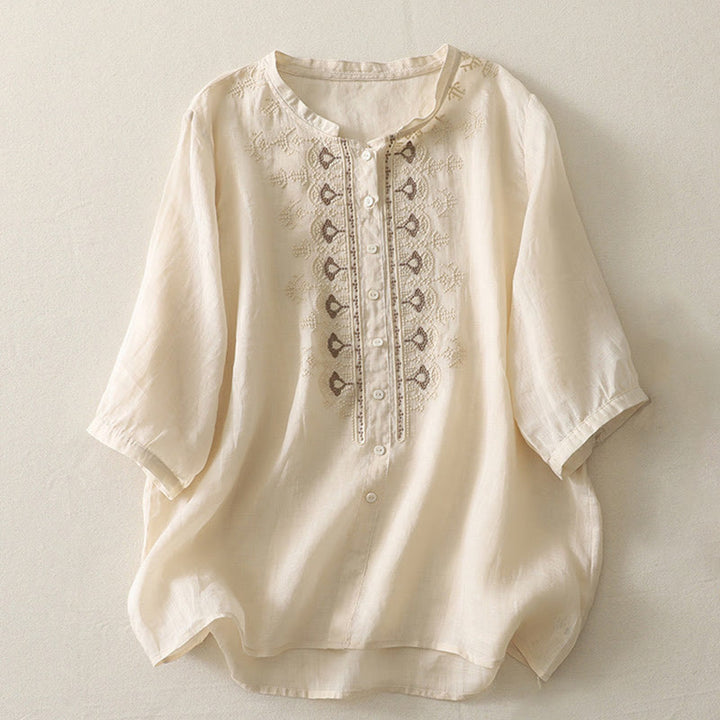 Camisa de lino y algodón con bordado simétrico de Buddha Stones para mujer, de media manga - Amarillo vara de oro claro - US8-10，UK/AU12-14，EU40-42 (2XL) - image 18