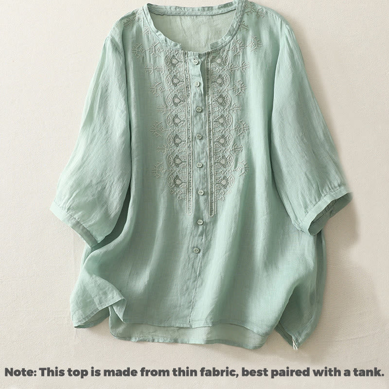 Camisa de lino y algodón con bordado simétrico de Buddha Stones para mujer, de media manga - image 14