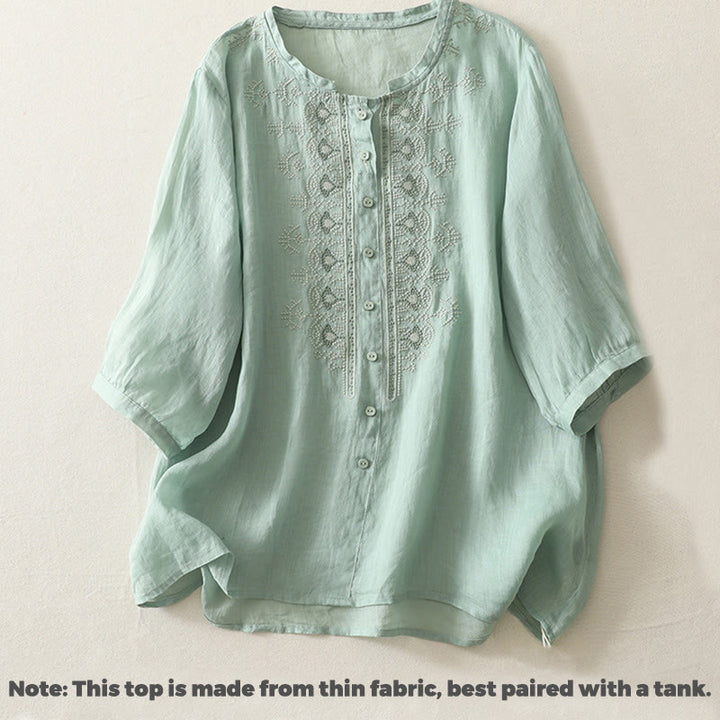 Camisa de lino y algodón con bordado simétrico de Buddha Stones para mujer, de media manga - image 14