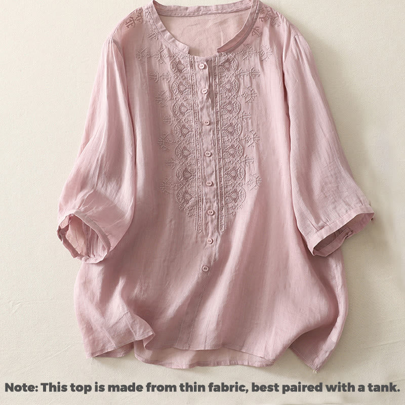 Camisa de lino y algodón con bordado simétrico de Buddha Stones para mujer, de media manga - image 8