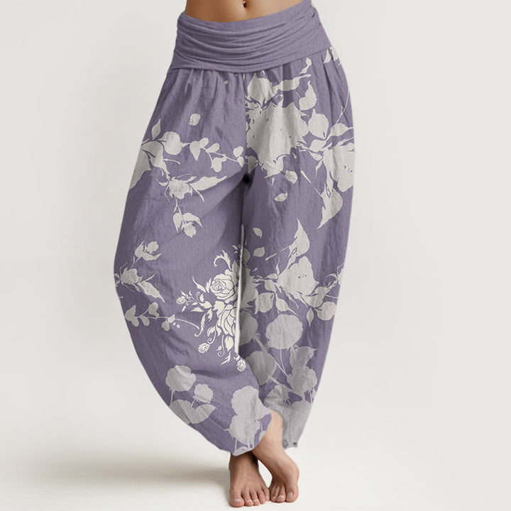 Pantalones Buddha Stones de algodón puro con estampado de flores en flor y capullos para mujer, cintura elástica - Ciruela - US22，UK/AU26，EU54 (6XL) - image 9