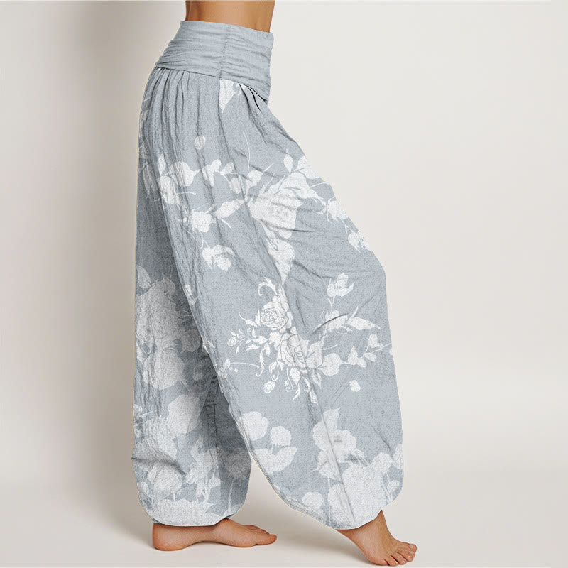 Pantalones Buddha Stones de algodón puro con estampado de flores en flor y capullos para mujer, cintura elástica