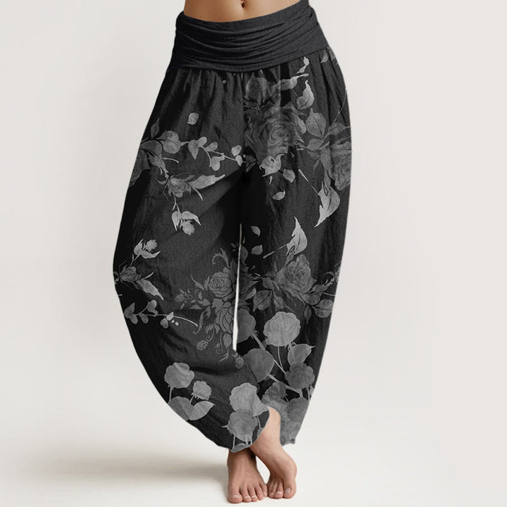 Pantalones Buddha Stones de algodón puro con estampado de flores en flor y capullos para mujer, cintura elástica - Negro - US22，UK/AU26，EU54 (6XL) - image 0