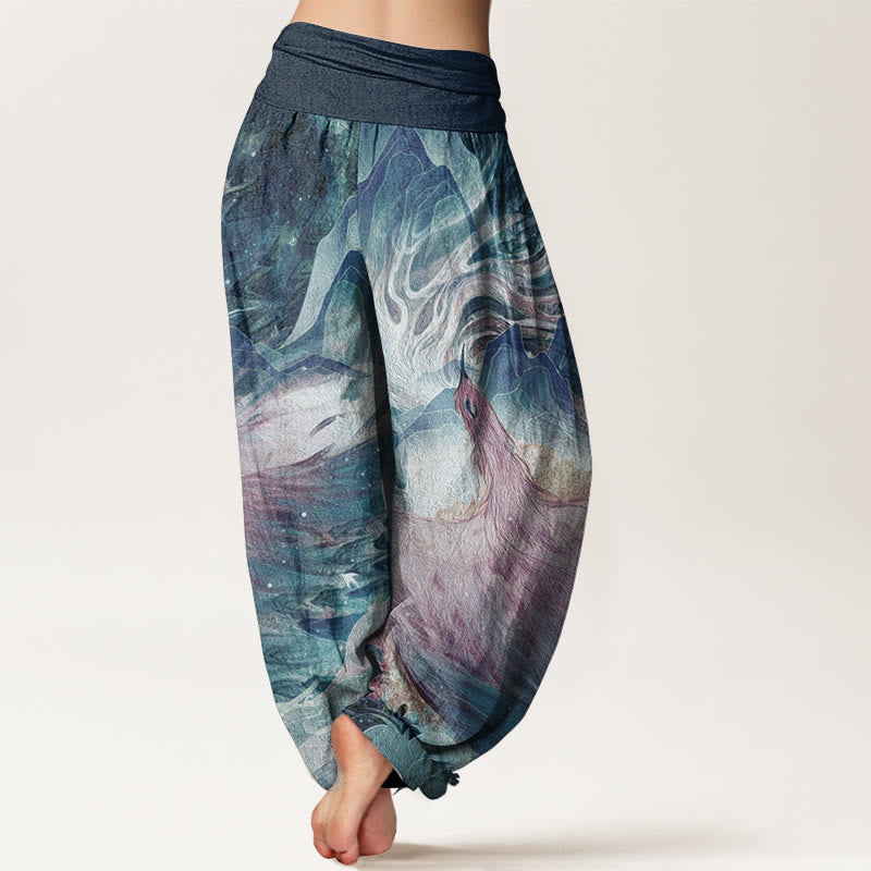 Pantalones harén de algodón puro con estampado de criaturas míticas y Buddha Stones para mujer, con cintura elástica
