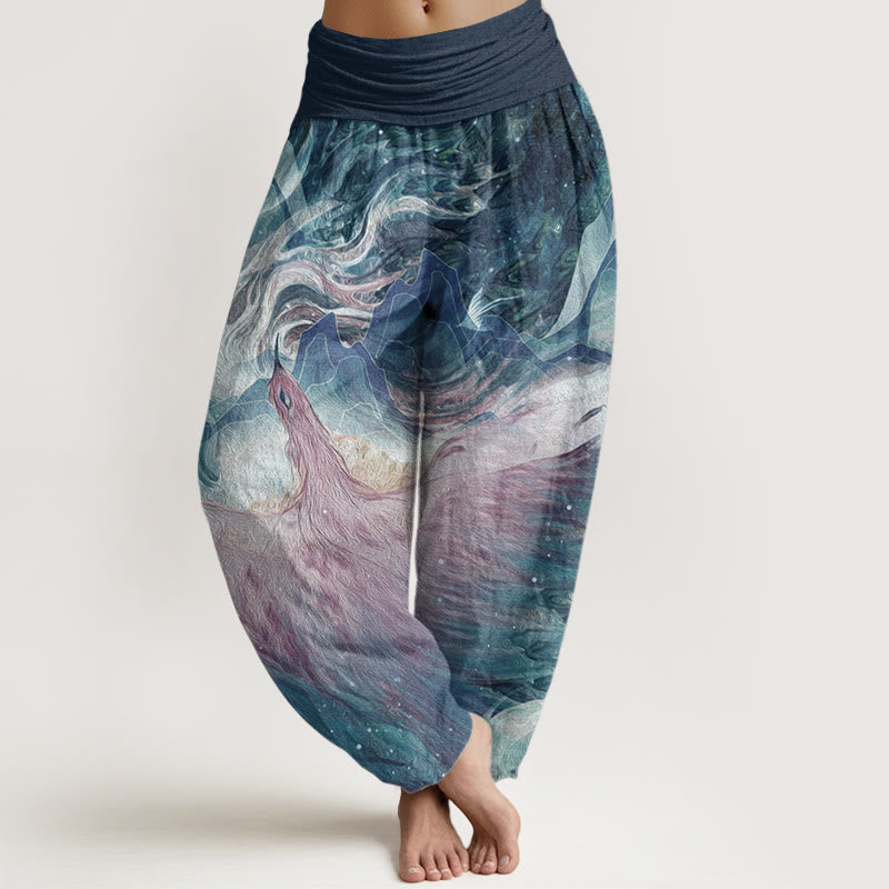 Pantalones harén de algodón puro con estampado de criaturas míticas y Buddha Stones para mujer, con cintura elástica - Azul acero - US22，UK/AU26，EU54 (6XL) - image 0