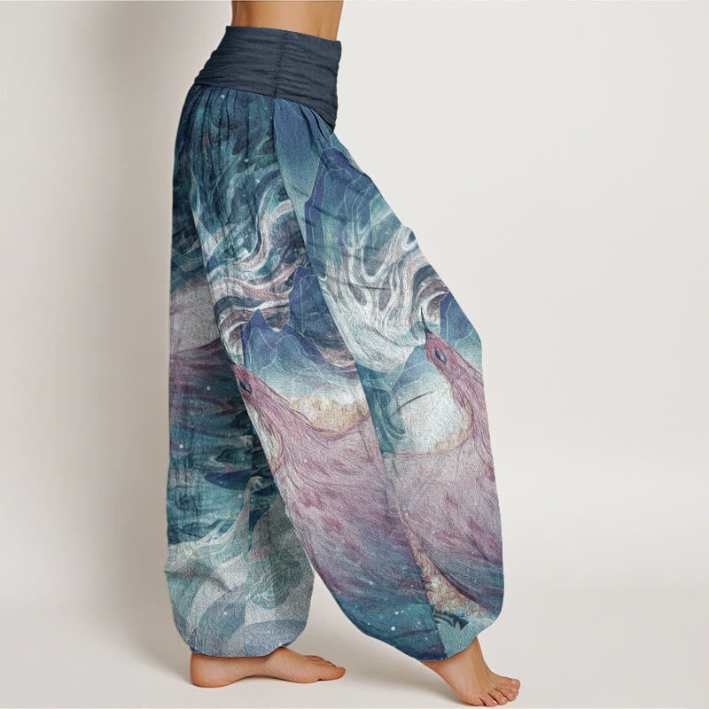 Pantalones harén de algodón puro con estampado de criaturas míticas y Buddha Stones para mujer, con cintura elástica