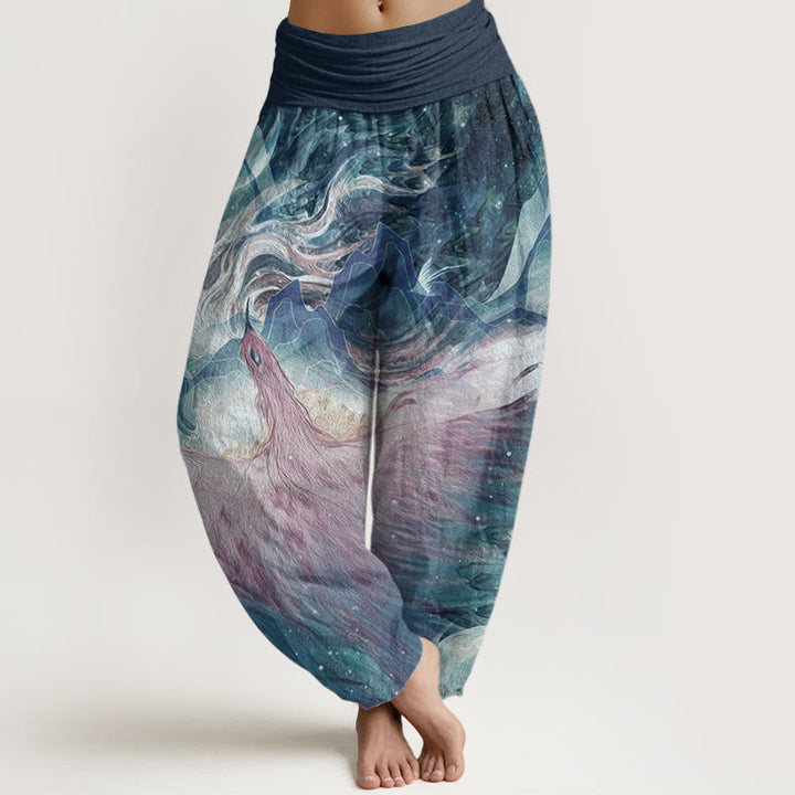 Pantalones harén de algodón puro con estampado de criaturas míticas y Buddha Stones para mujer, con cintura elástica