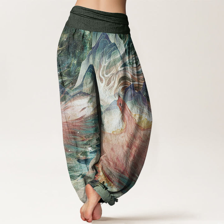 Pantalones harén de algodón puro con estampado de criaturas míticas y Buddha Stones para mujer, con cintura elástica