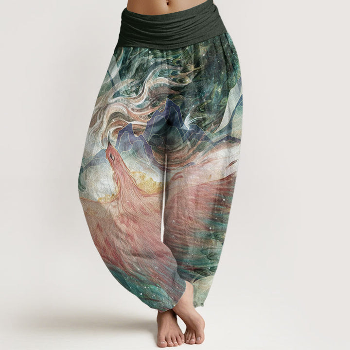 Pantalones harén de algodón puro con estampado de criaturas míticas y Buddha Stones para mujer, con cintura elástica