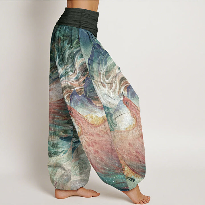 Pantalones harén de algodón puro con estampado de criaturas míticas y Buddha Stones para mujer, con cintura elástica