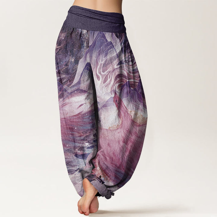 Pantalones harén de algodón puro con estampado de criaturas míticas y Buddha Stones para mujer, con cintura elástica