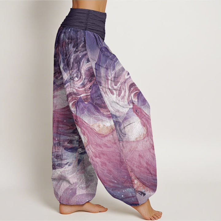 Pantalones harén de algodón puro con estampado de criaturas míticas y Buddha Stones para mujer, con cintura elástica