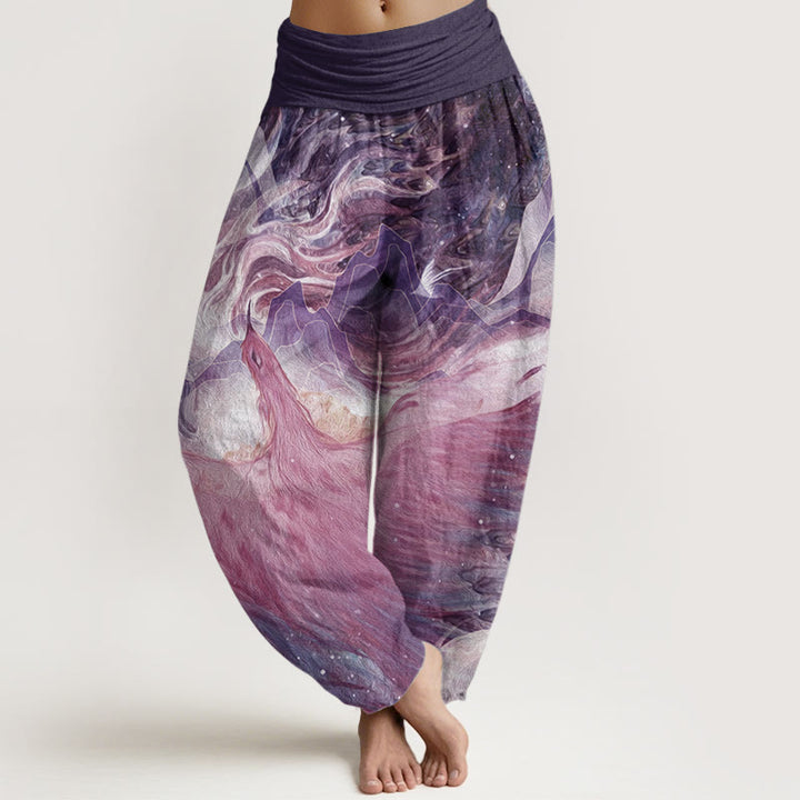 Pantalones harén de algodón puro con estampado de criaturas míticas y Buddha Stones para mujer, con cintura elástica