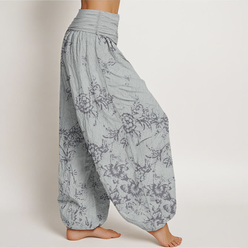 Pantalones harén de algodón puro con estampado floral de Buddha Stones para mujer, cintura elástica