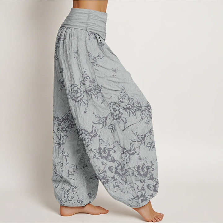 Pantalones harén de algodón puro con estampado floral de Buddha Stones para mujer, cintura elástica