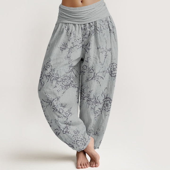 Pantalones harén de algodón puro con estampado floral de Buddha Stones para mujer, cintura elástica