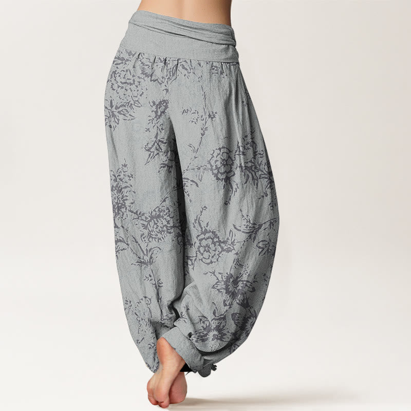 Pantalones harén de algodón puro con estampado floral de Buddha Stones para mujer, cintura elástica
