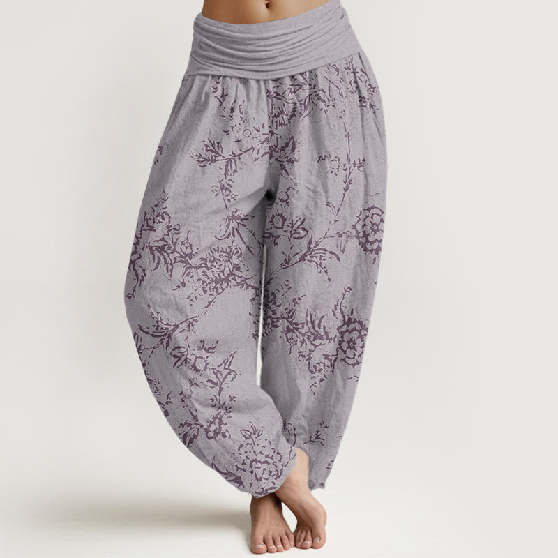 Pantalones harén de algodón puro con estampado floral de Buddha Stones para mujer, cintura elástica - Ciruela - US22，UK/AU26，EU54 (6XL) - image 9