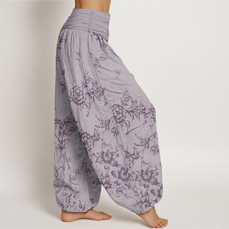 Pantalones harén de algodón puro con estampado floral de Buddha Stones para mujer, cintura elástica
