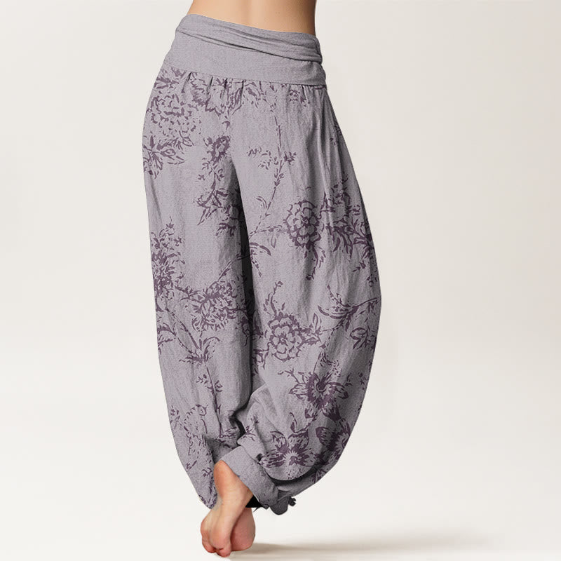 Pantalones harén de algodón puro con estampado floral de Buddha Stones para mujer, cintura elástica