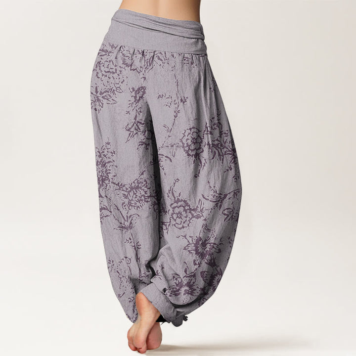 Pantalones harén de algodón puro con estampado floral de Buddha Stones para mujer, cintura elástica