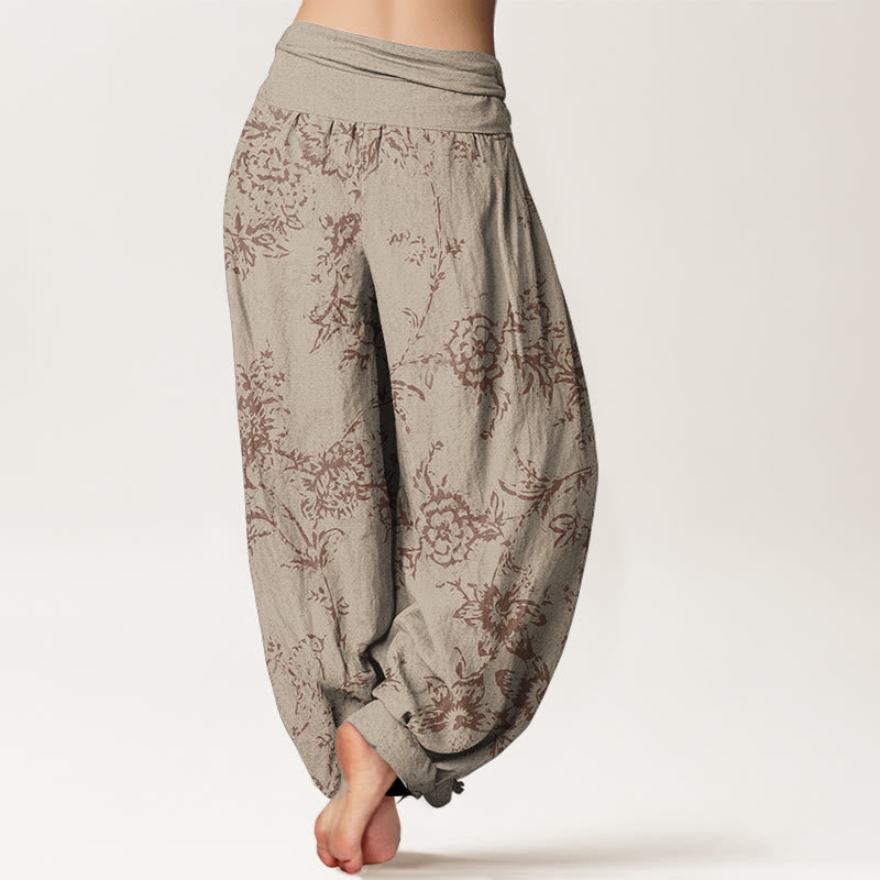 Pantalones harén de algodón puro con estampado floral de Buddha Stones para mujer, cintura elástica