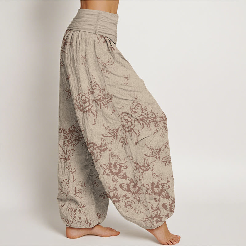 Pantalones harén de algodón puro con estampado floral de Buddha Stones para mujer, cintura elástica