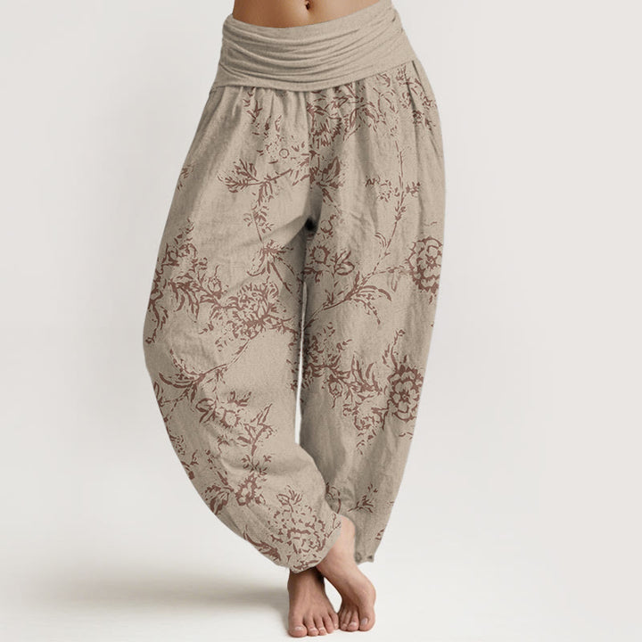 Pantalones harén de algodón puro con estampado floral de Buddha Stones para mujer, cintura elástica